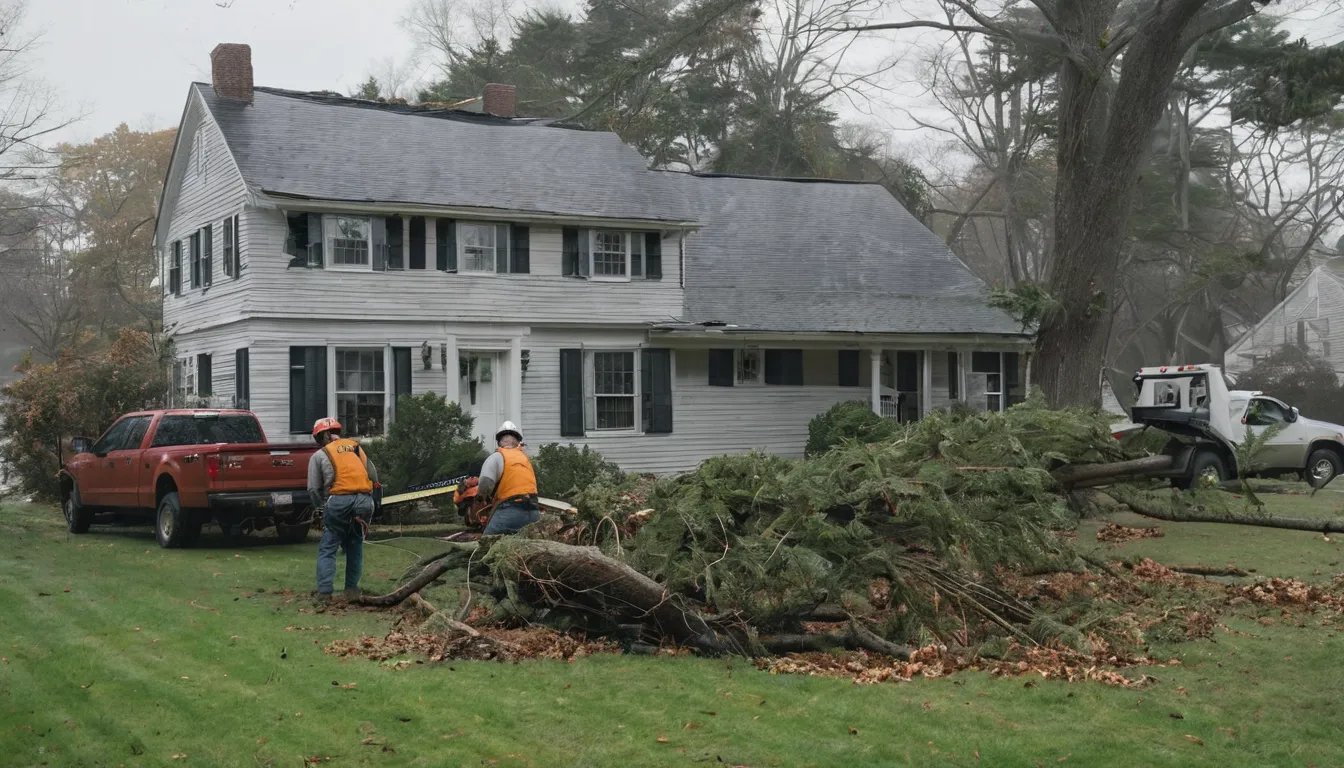A local provider crew safely cutting a storm-fallen tree in a residential yard in Fawn Grove