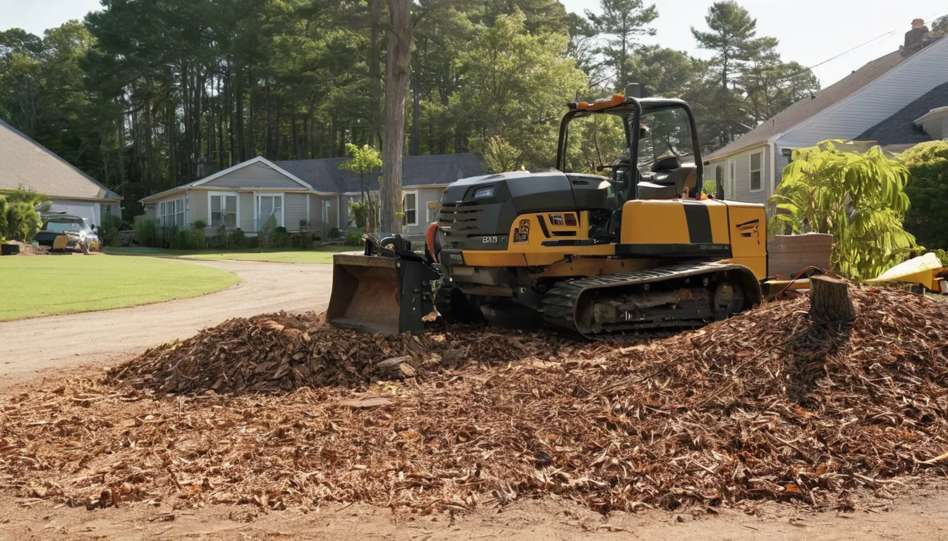 A local stump grinding provider working in a residential yard in Fawn Grove